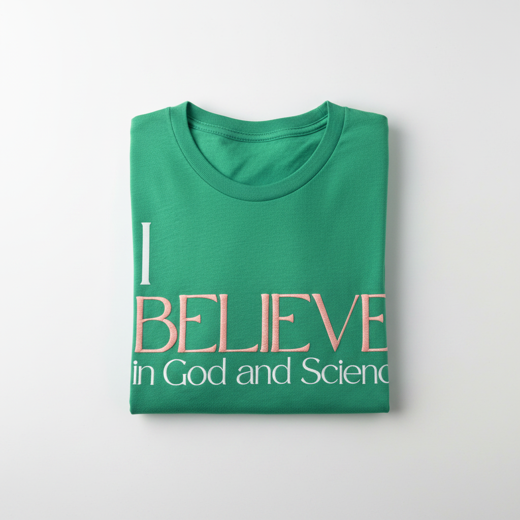 Green t-shirt with text on a white background