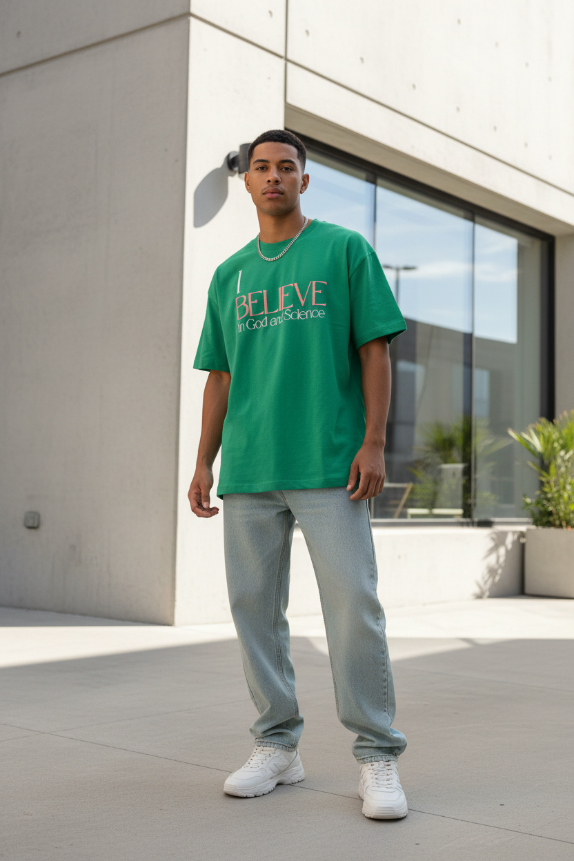 Person wearing a green t-shirt with text, standing outdoors near a modern building.
