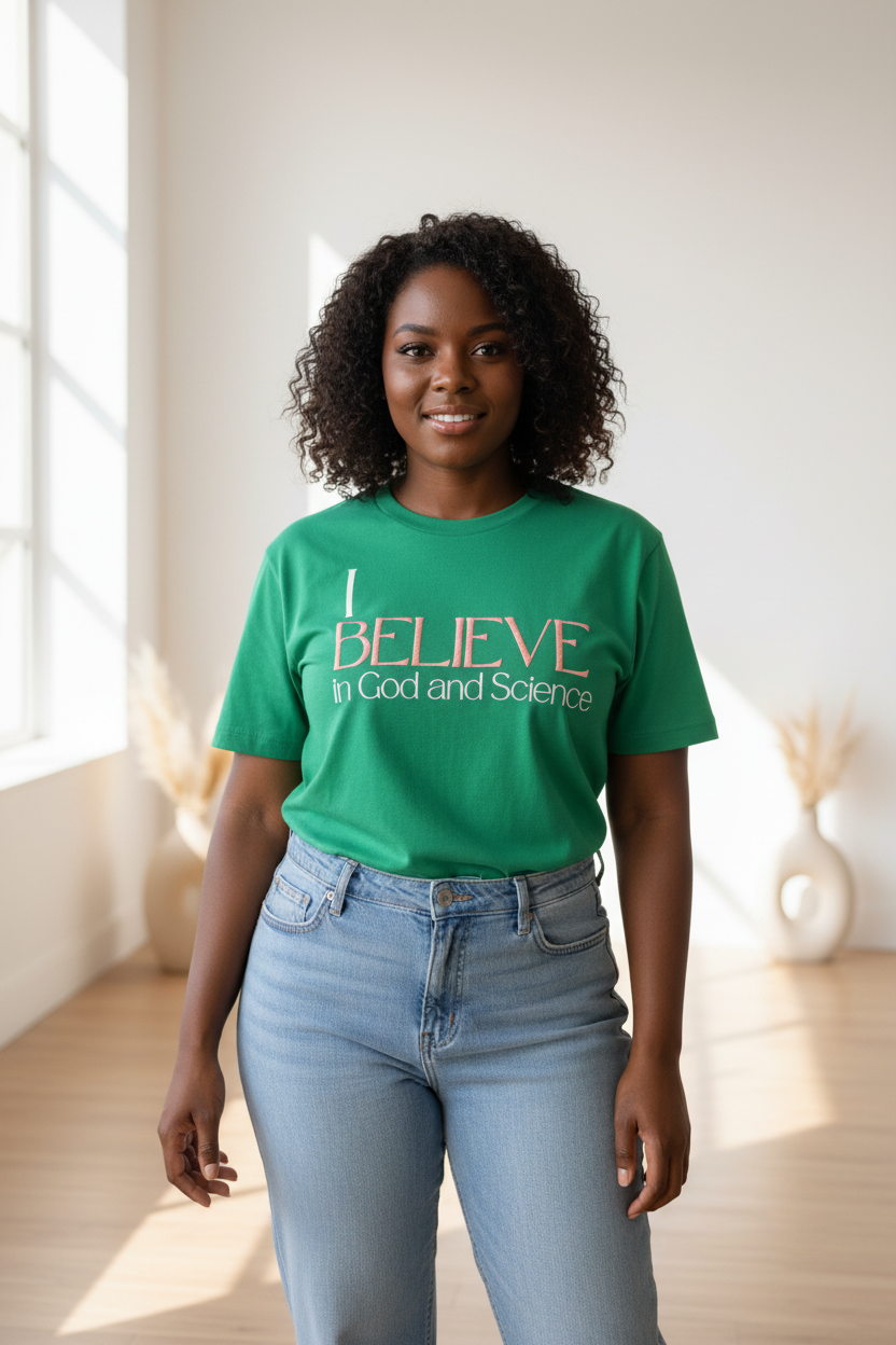 Person wearing a green t-shirt with text, standing in a bright room.