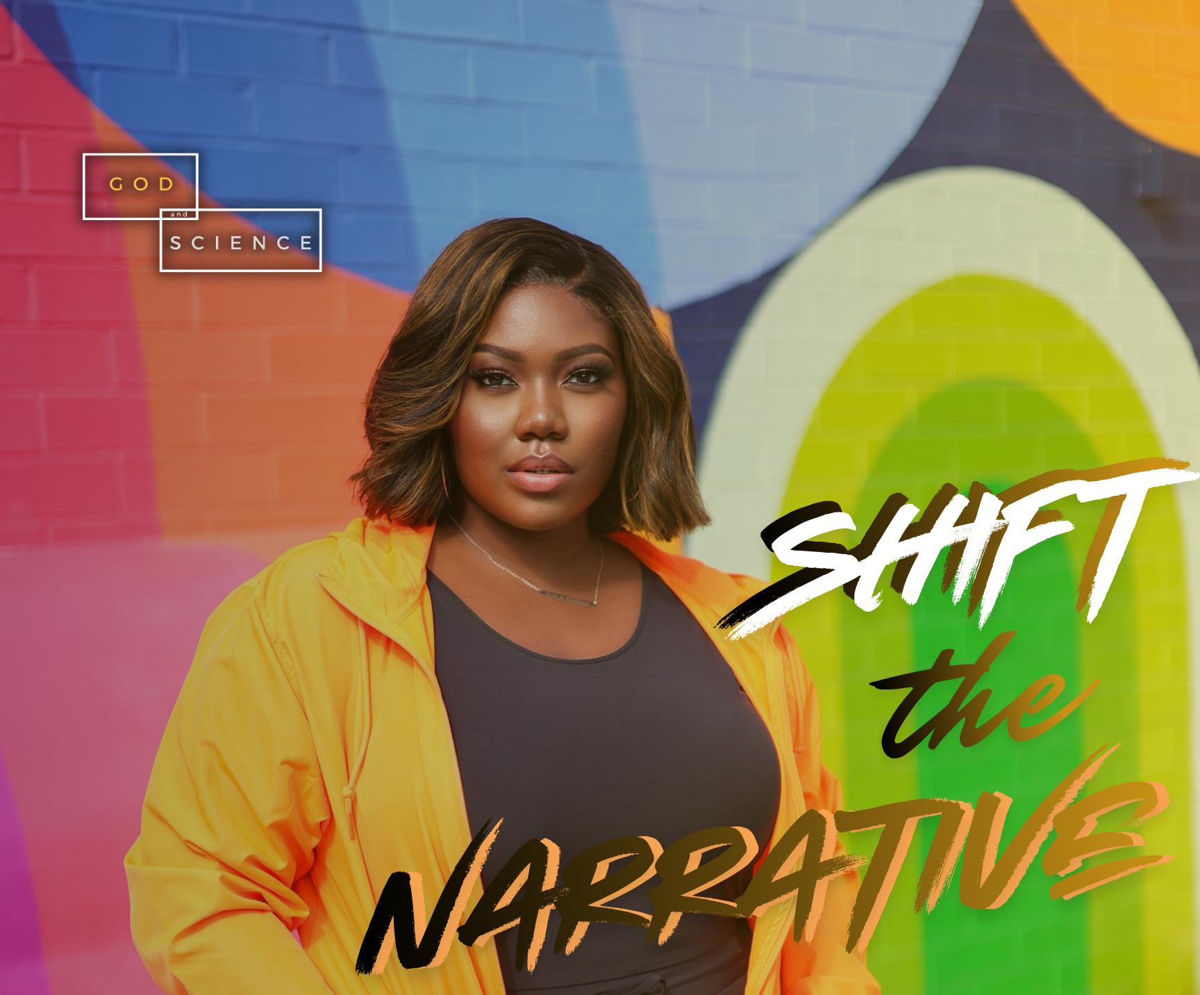 Person wearing a yellow jacket with 'Shift the Narrative' text against a colorful abstract background